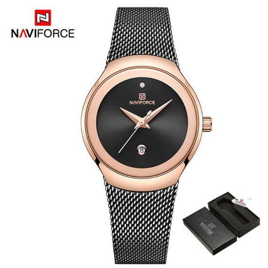 NAVIFORCE- NF5004 womens quartz watch max price Mesh band water resistant auto date Concise bracelet watch design Gold Black