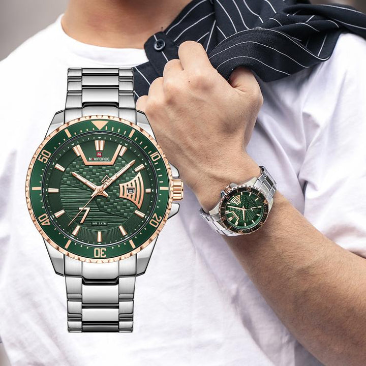 Naviforce- Watches Men Casual Fashion Waterproof Stainless Steel Date Display Quartz Wristwatch Male Relogio Masculino Silver Golden Green