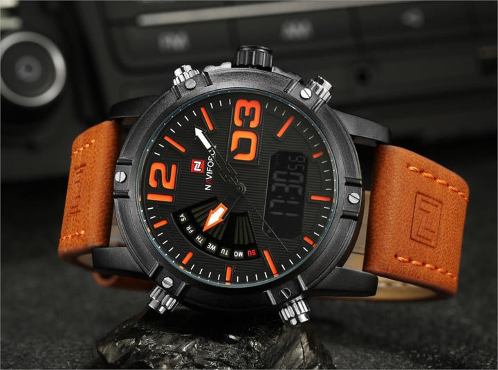 Naviforce- NF9095 Men's Waterproof Leather Strap Watch With Branded Naviforce Box Orange Black