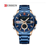 Curren- Luxury Brand Analog & Digital Quartz Stainless Steel Water Proof Wristwatch For Men-8384- Blue Rose