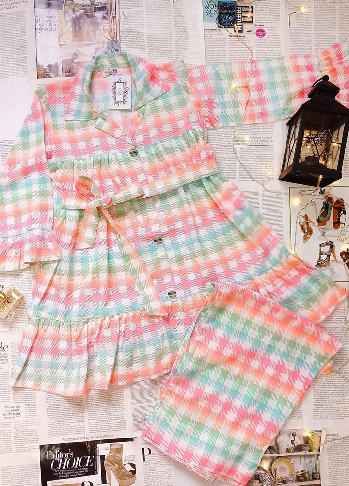 Hiba Clothing Linen Girls 2 Piece Suit - HPW-002 NEON CHECK