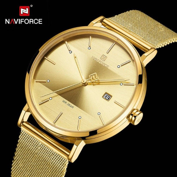 NAVIFORCE- NF3008 Classic Couple Watches Women Men Stainless Steel Mesh Strap Current Japan Quartz Lovers Watch Golden