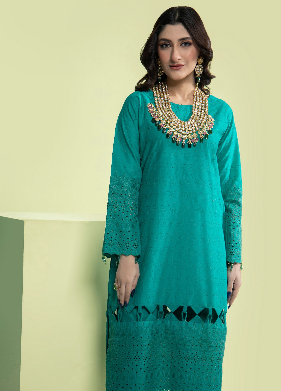 Sea green schiffli embroidered cotton unstitched salwar material, embroidery& sequins work on yoke(lining needed) matching cotton bottom, brush painted fancy chiffon dupatta with lace tapings. FB260519 main image 0