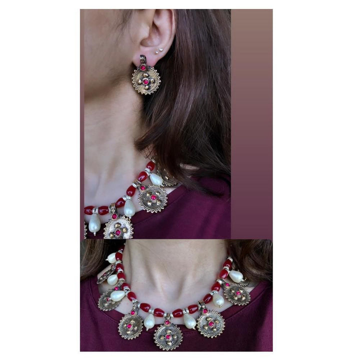 Jewels By Noor- maroon pearl antique set with earrings, necklace and ring