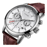 Lige- 9866 Stylish Mens Quartz Wrist Watches Leather Strap Chrono Reloj Luxury Men Watches Waterproof- Brown