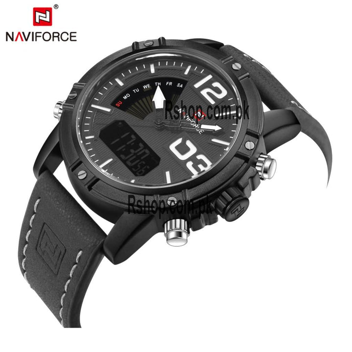 NaviForce- NF9095 Men's Waterproof Leather Strap Watch With Branded Naviforce Box Grey Black