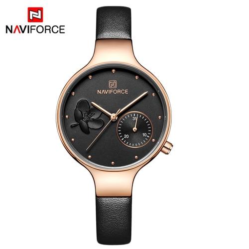 Naviforce- NF5001 beautiful Flower female quartz watch weird Genuine Leather Strap Waterproof Calendar ultra slim Casual watch Gold Black