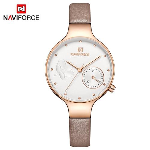 Naviforce- NF5001 beautiful Flower female quartz watch weird Genuine Leather Strap Waterproof Calendar ultra slim Casual watch Rose Pink