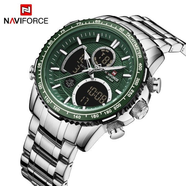 NAVIFORCE- NF9182 Stainless Steel Dual Time Wrist Watch For Men – Silver & Green