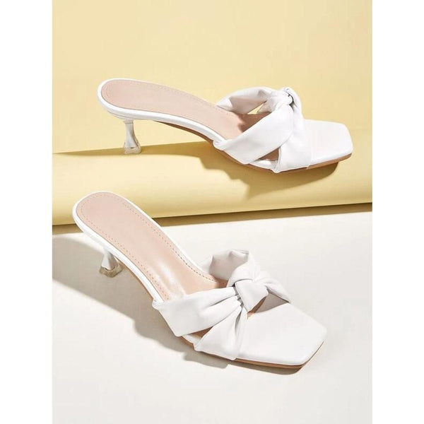 Shein- Knot Decor Sculptural Heeled Mules- White