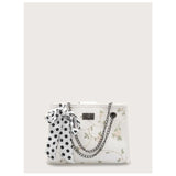Shein- Polka Dot Twilly Scarf Floral Embroidered Tote Bag- White