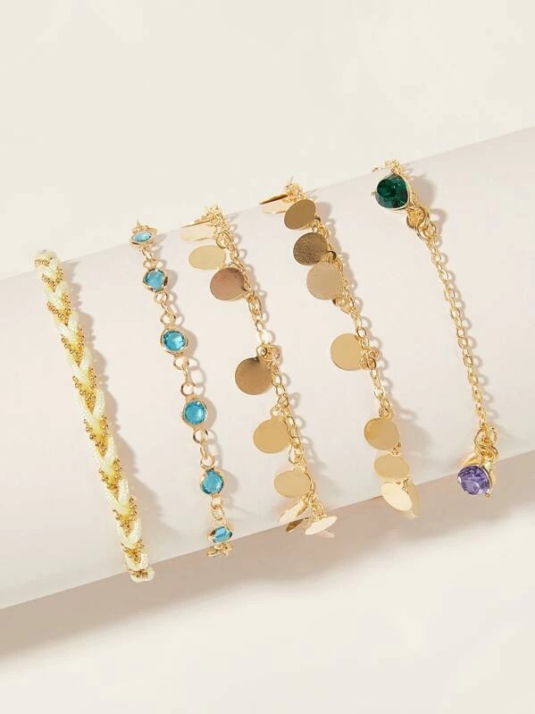 Shein 5 Piece Dis & Rhinestone Decor Chain Anklet