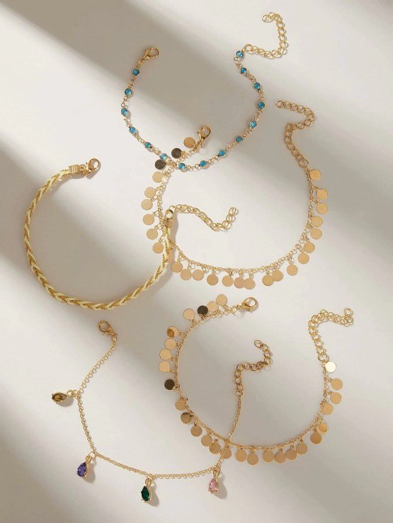 Shein 5 Piece Dis & Rhinestone Decor Chain Anklet