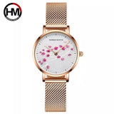 Hannah Martin- 1324 Personality Women Quartz Watch Flowers Print Luxury Stainless Steel Wrist Watches Ladies- Gold