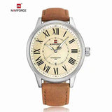 Naviforce- Leather Strap Japan Quartz Waterproof Wristwatch WITH Brand Box - NF9126 Silver Brown