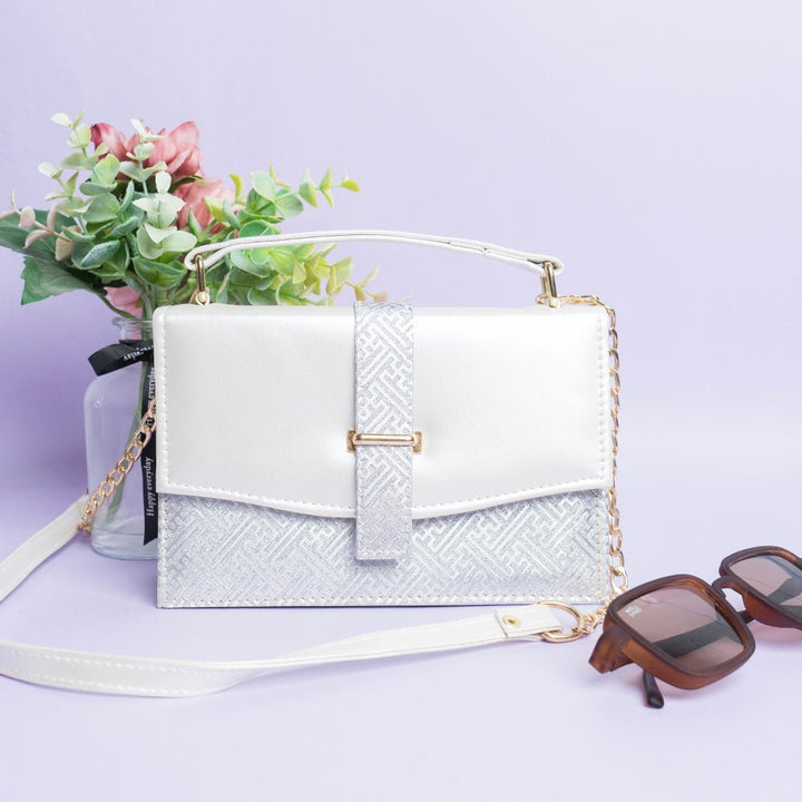 Shein - Shiny Crossbody Bag with Flap - White